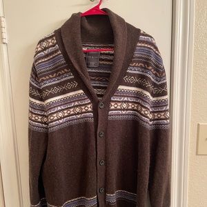 Men’s Brown John Bartlett Consensus Nordic Print Button Up Cardigan Size L.